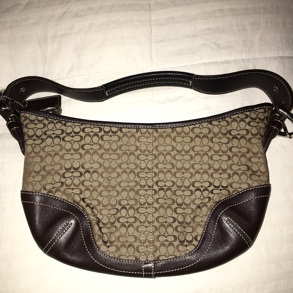 COACH Small Handbag. Dark Brown/Khaki Hobo Style.